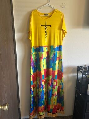 SHEIN Yellow Top Colorful Abstract Print Asymmetrical Fringe Maxi Dress